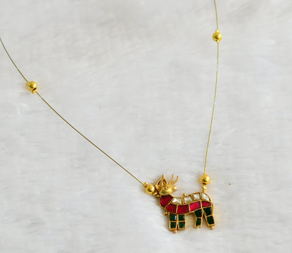 Gold tone pink-green-white kundan jadau deer invisible necklace dj-49334