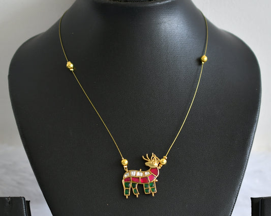 Gold tone pink-green-white kundan jadau deer invisible necklace dj-49346