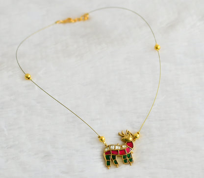 Gold tone pink-green-white kundan jadau deer invisible necklace dj-49346