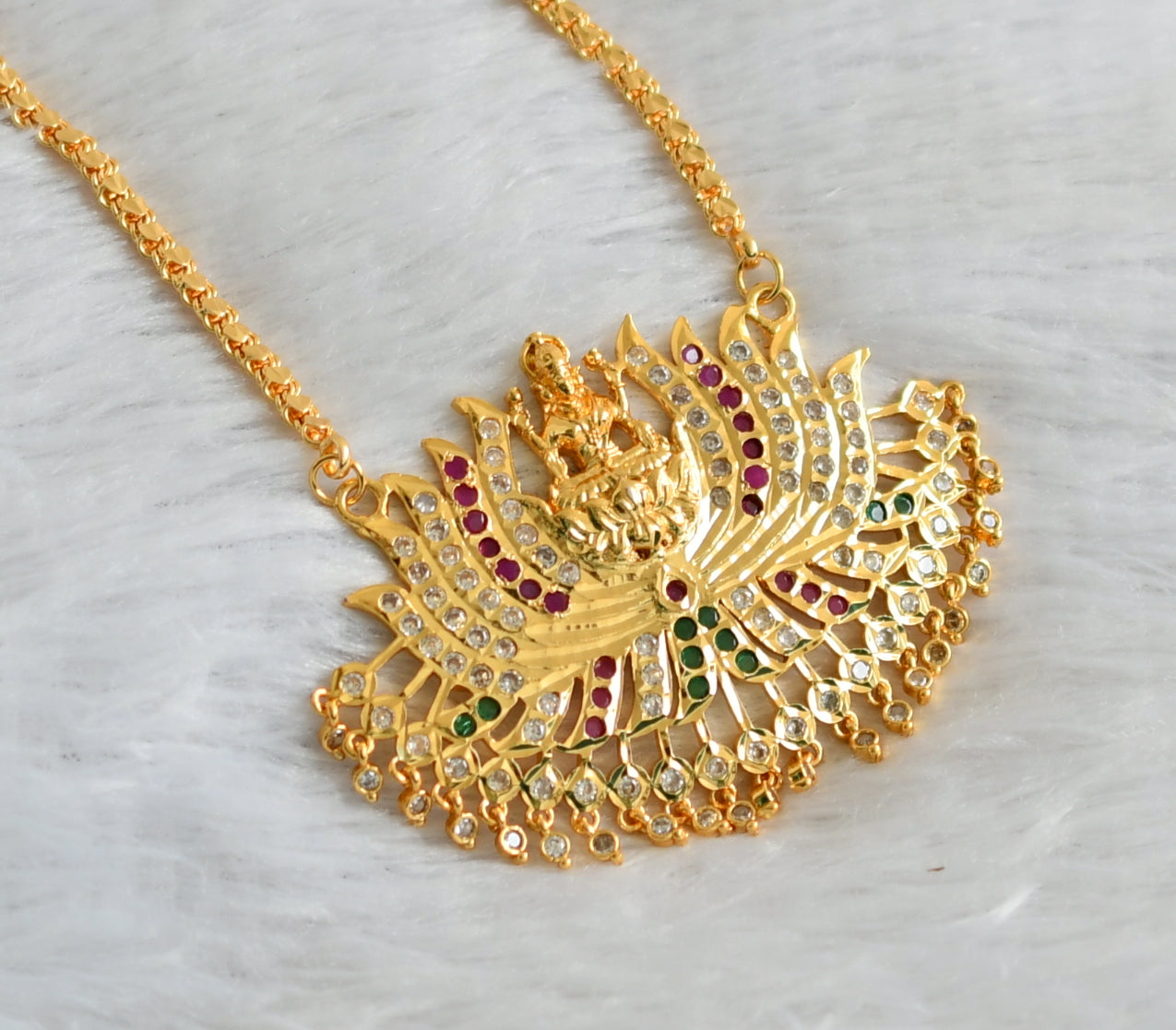 Gold tone ruby-white-green stone Lakshmi Lotus pendant with chain dj-38640