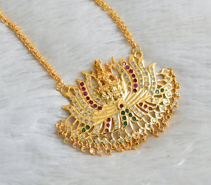 Gold tone ruby-white-green stone Lakshmi Lotus pendant with chain dj-38640