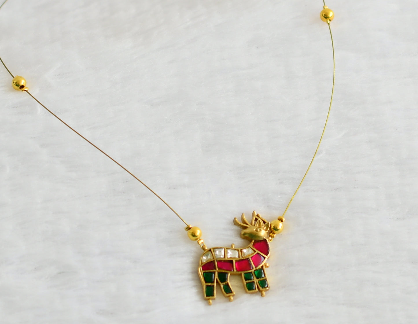 Gold tone pink-green-white kundan jadau deer invisible necklace dj-49346