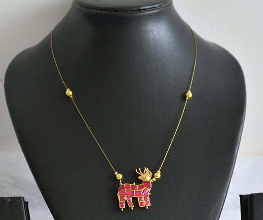 Gold tone pink kundan jadau deer invisible necklace dj-49345