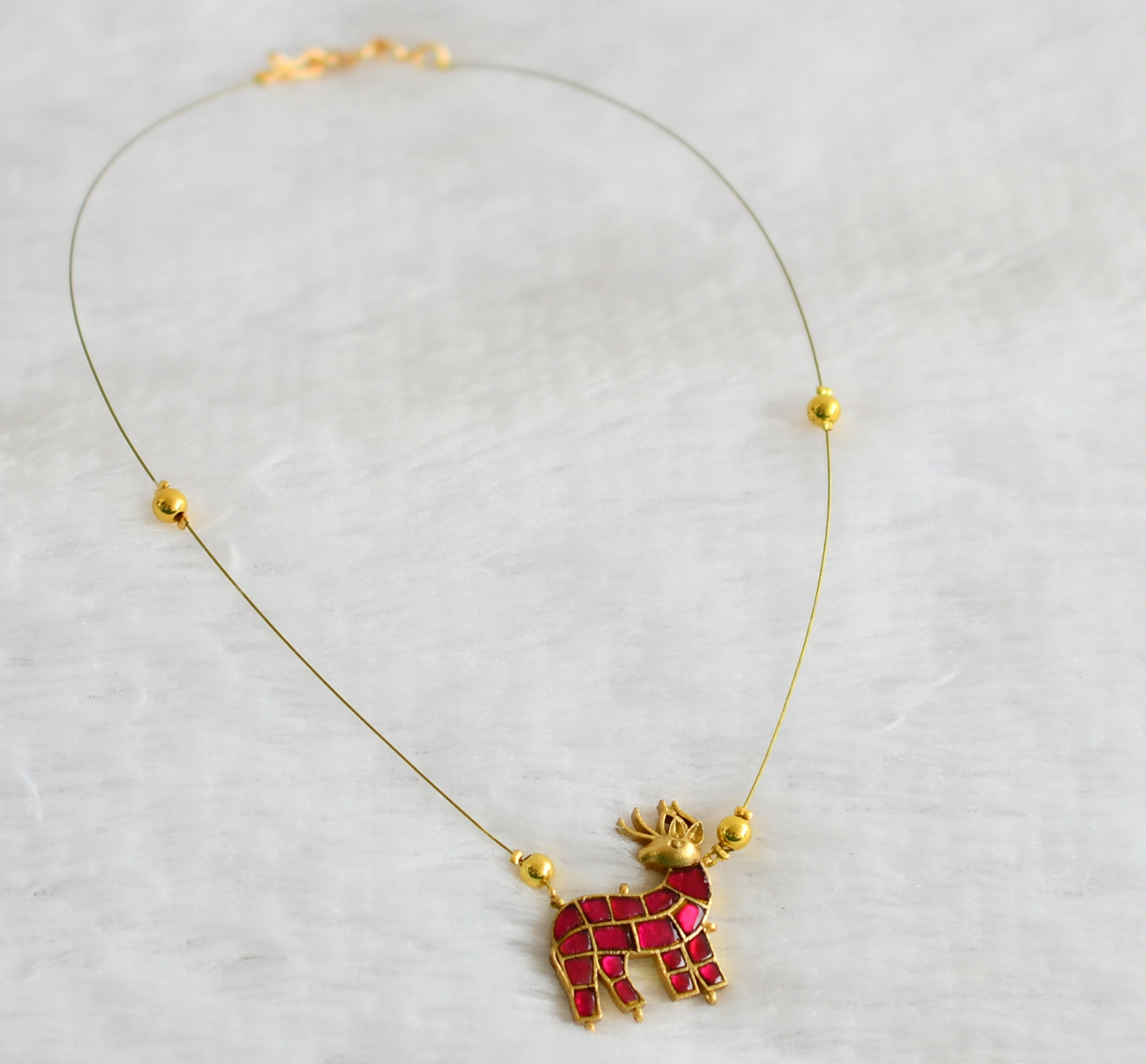 Gold tone pink kundan jadau deer invisible necklace dj-49345