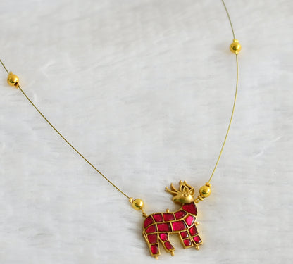 Gold tone pink kundan jadau deer invisible necklace dj-49345