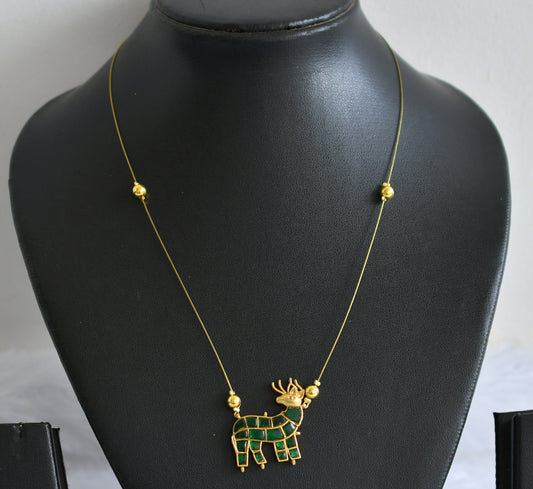 Gold tone green kundan jadau deer invisible necklace dj-49344