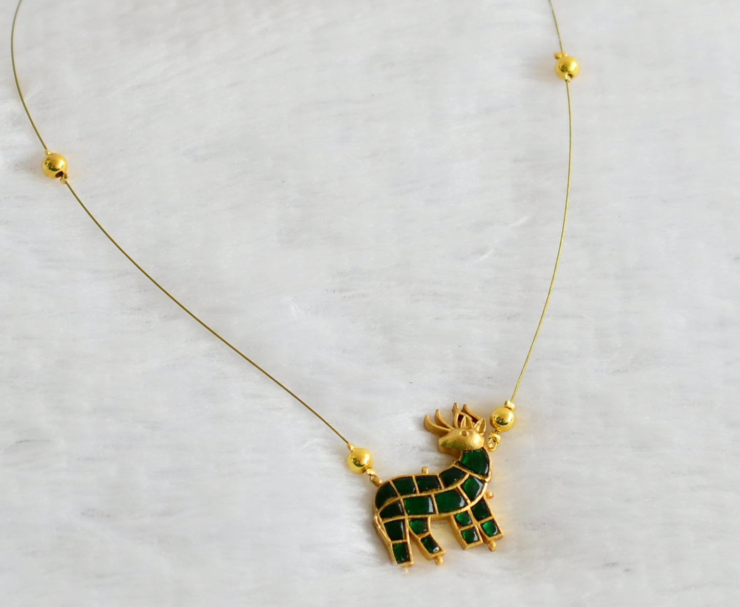 Gold tone green kundan jadau deer invisible necklace dj-49344