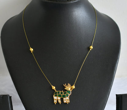 Gold tone green-white kundan jadau deer invisible necklace dj-49343