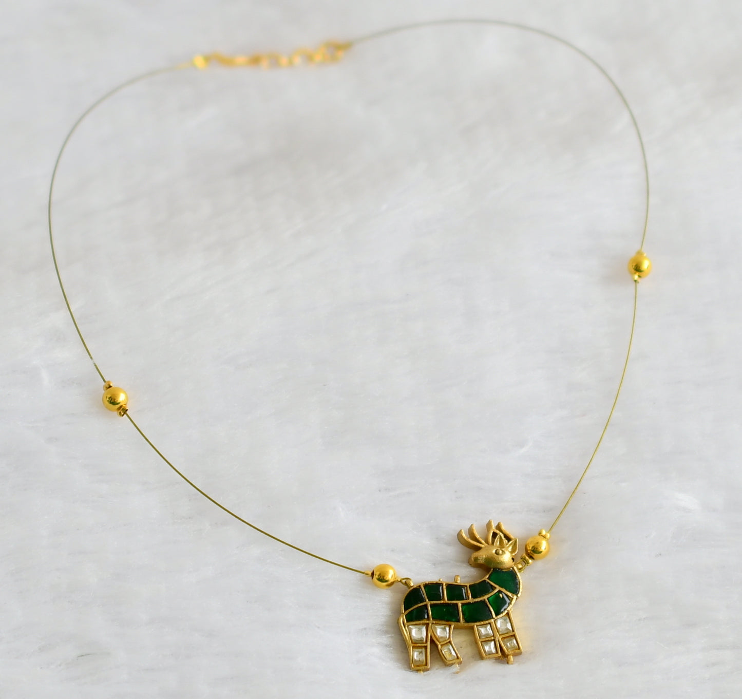 Gold tone green-white kundan jadau deer invisible necklace dj-49343