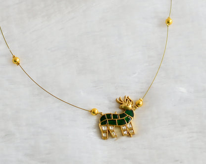 Gold tone green-white kundan jadau deer invisible necklace dj-49343