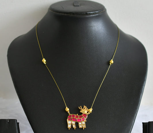 Gold tone pink-white kundan jadau deer invisible necklace dj-49342