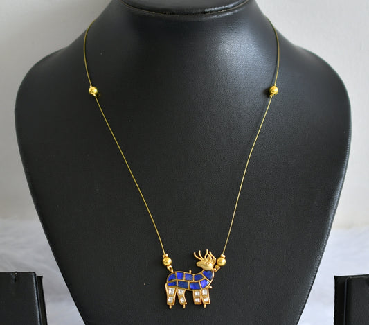 Gold tone blue-white kundan jadau deer invisible necklace dj-49341