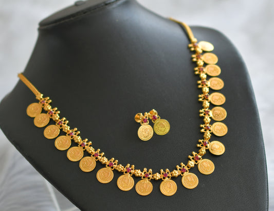 Gold tone head coin pink stone necklace set dj-35027