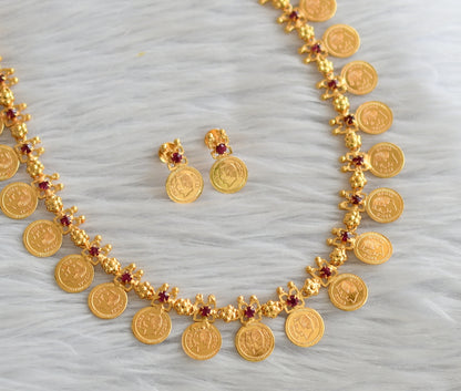 Gold tone head coin pink stone necklace set dj-35027