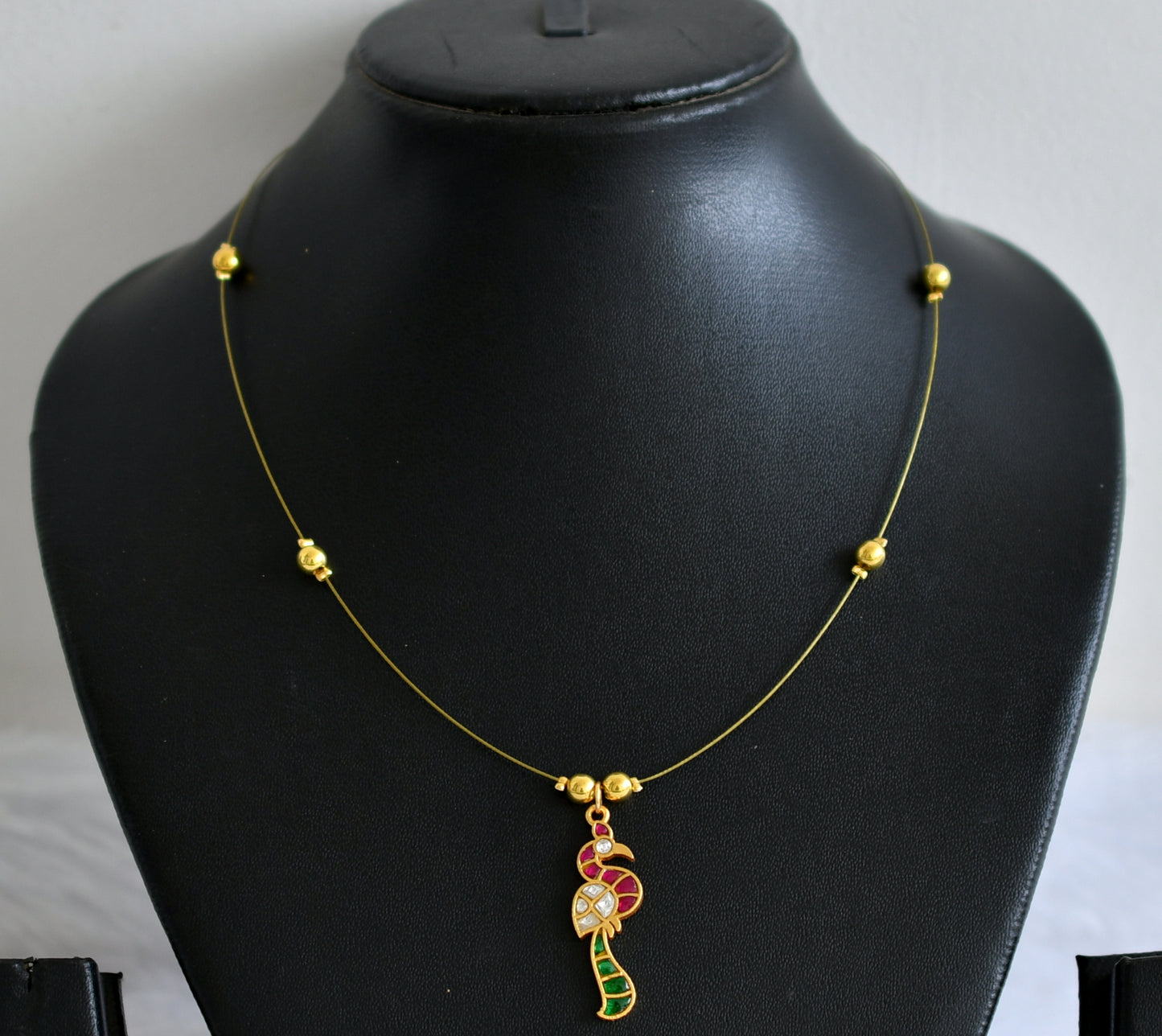 Gold tone pink-green-white kundan jadau peacock invisible necklace dj-49333