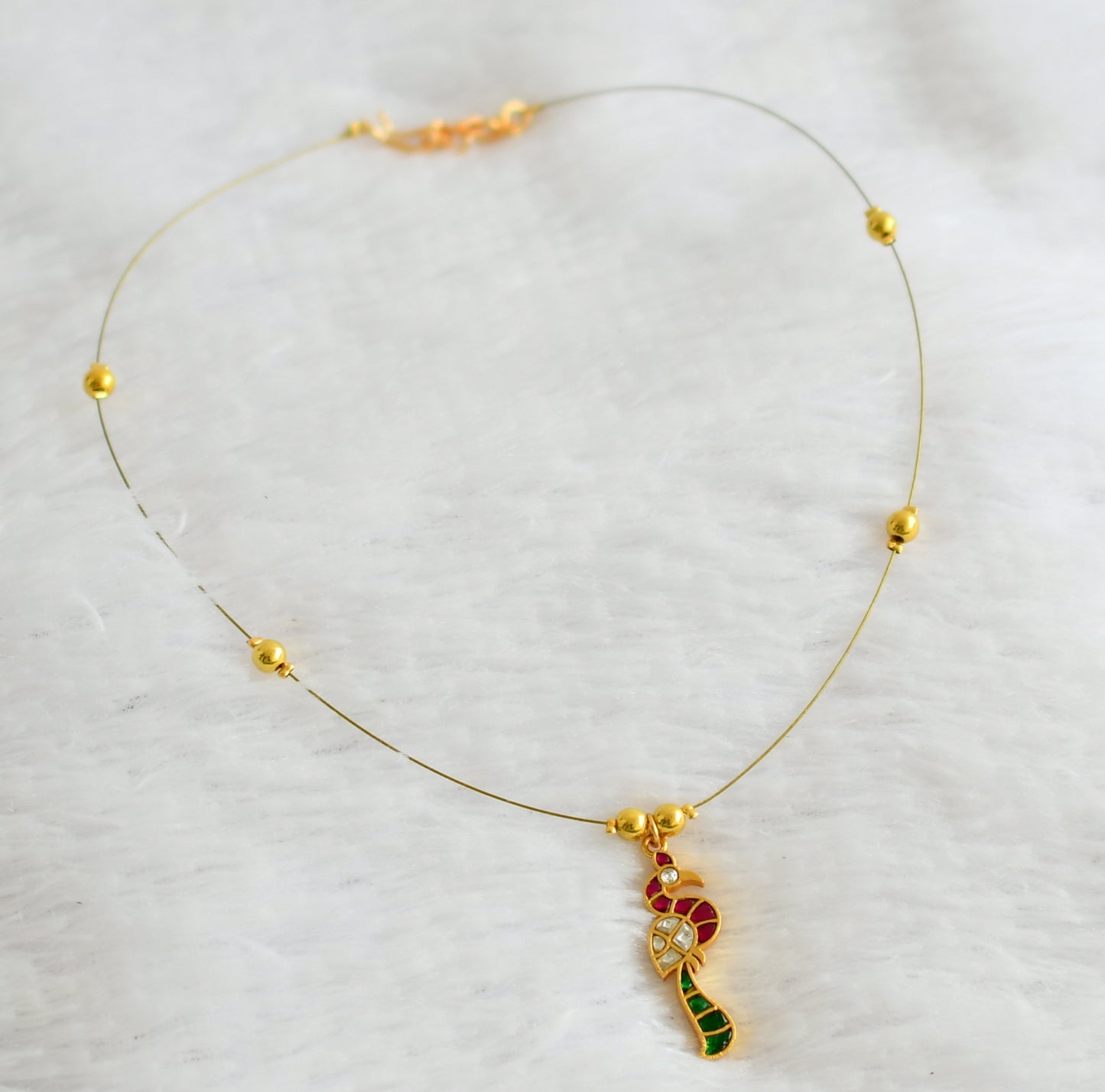 Gold tone pink-green-white kundan jadau peacock invisible necklace dj-49333