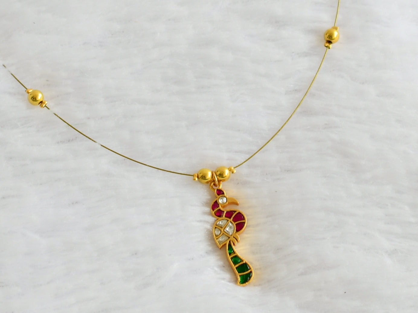 Gold tone pink-green-white kundan jadau peacock invisible necklace dj-49333