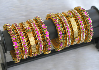 Gold tone silk thread pink-green-white kundan lotus lakshmi coin lotus bangles(2.6) dj-45872