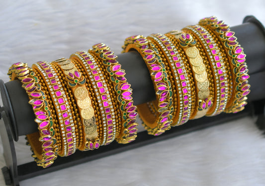 Gold tone silk thread pink-green-white kundan lotus lakshmi coin bangles(2.4) dj-46003