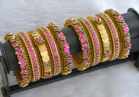 Gold tone silk thread pink-green-white kundan lotus lakshmi coin bangles(2.8) dj-46004