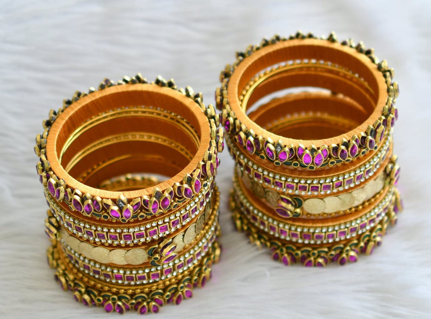 Gold tone silk thread pink-green-white kundan lotus lakshmi coin lotus bangles(2.6) dj-45872