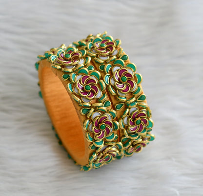 Gold tone silk thread pink-green-white kundan flower bangles(2.4) dj-45874