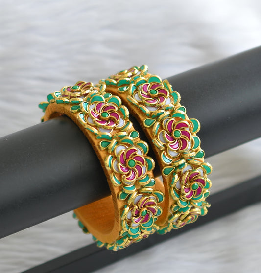 Gold tone silk thread pink-green-white kundan flower bangles(2.4) dj-45874