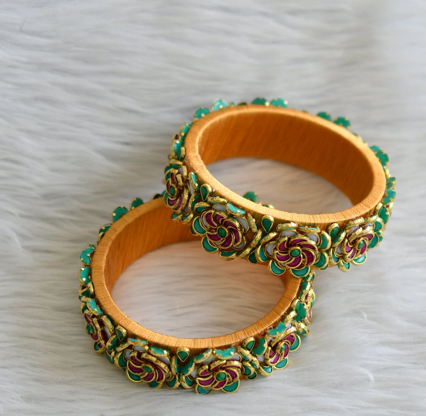 Gold tone silk thread pink-green-white kundan flower bangles(2.4) dj-45874