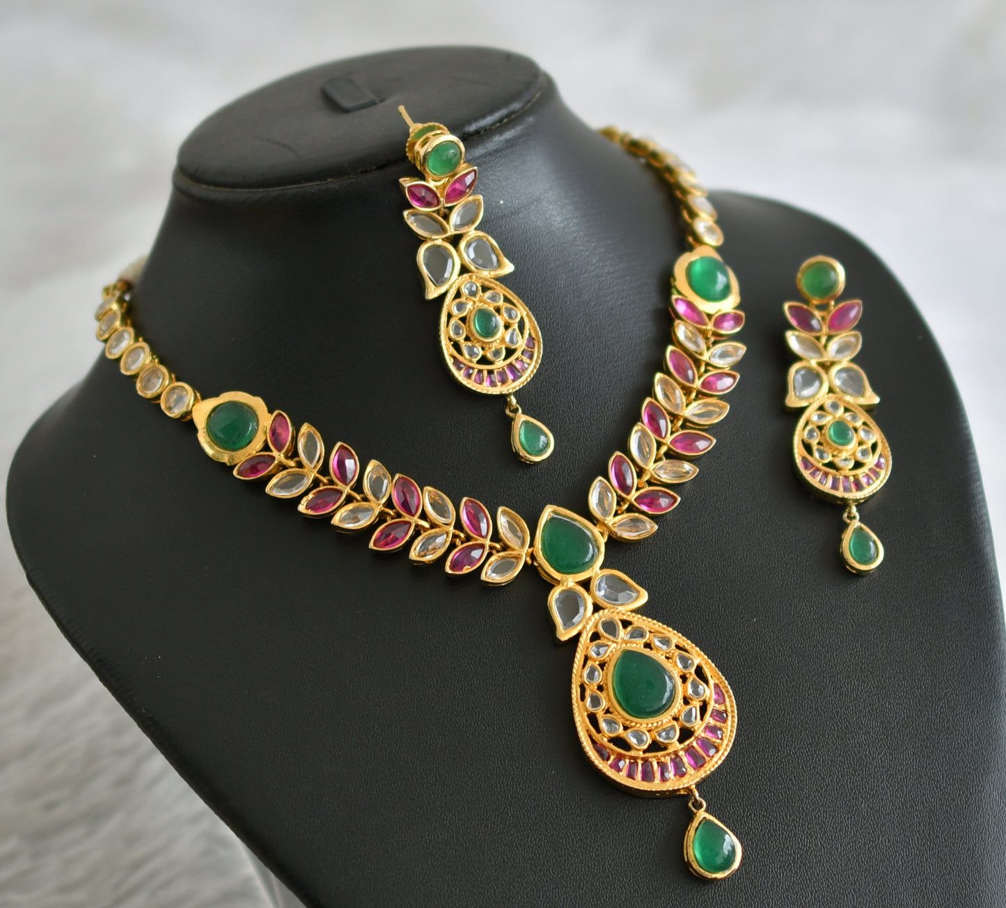 Gold tone pink-green-white real uncut polki necklace set dj-47531