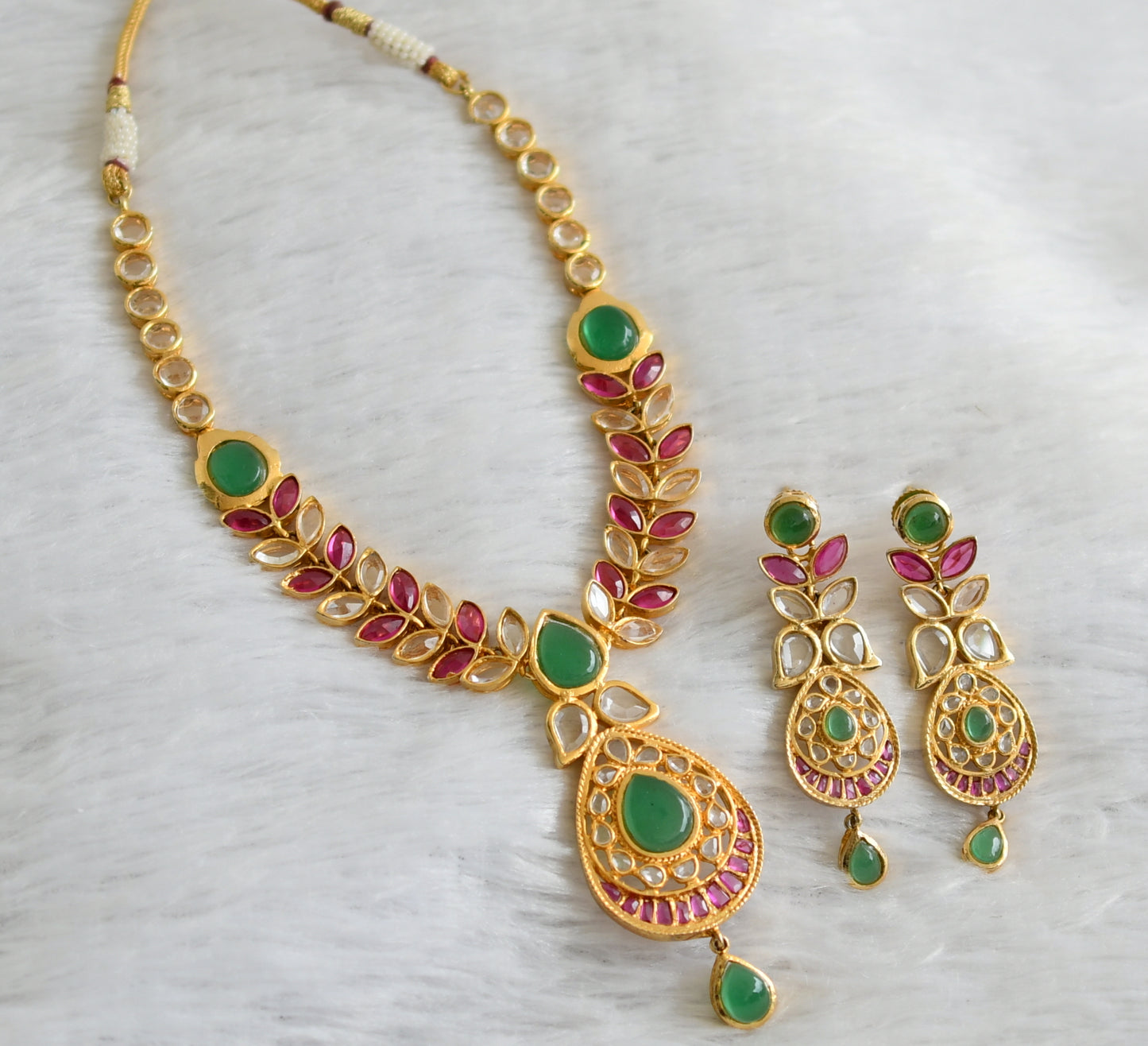 Gold tone pink-green-white real uncut polki necklace set dj-47531