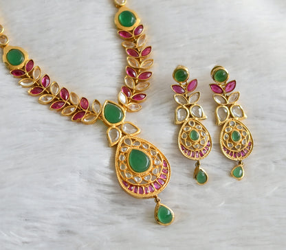 Gold tone pink-green-white real uncut polki necklace set dj-47531