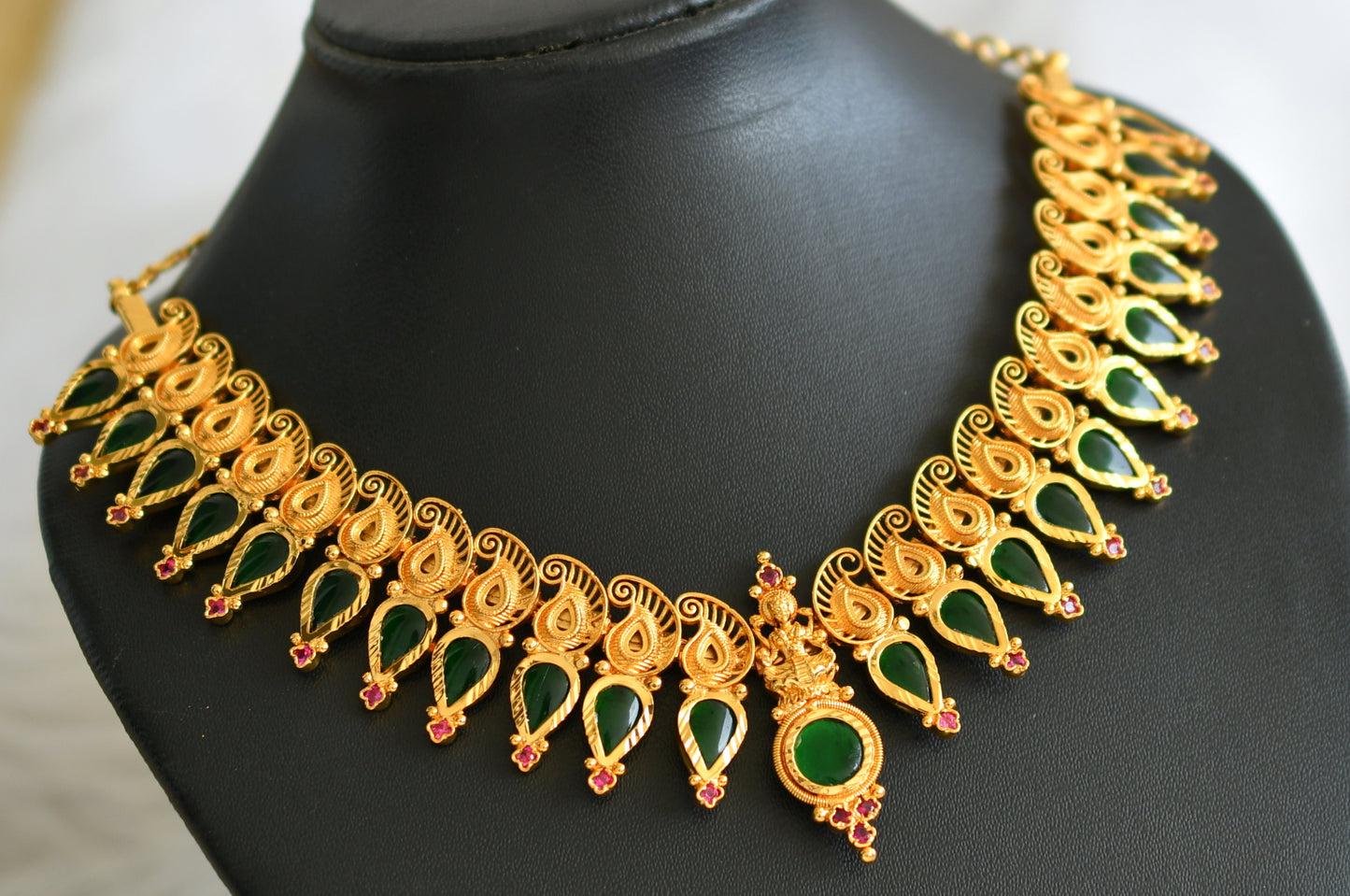 Gold tone kerala style pink-green lakshmi mango gopi necklace dj-44128