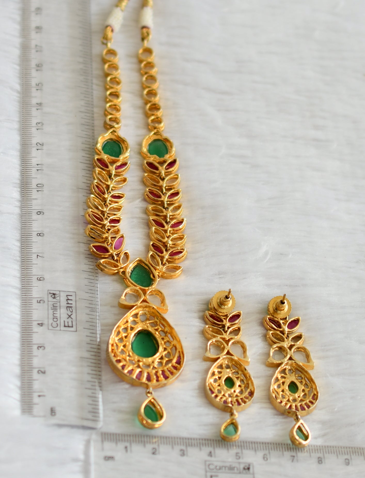 Gold tone pink-green-white real uncut polki necklace set dj-47531