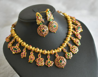 Gold tone pink-green-white real uncut polki necklace set dj-47530