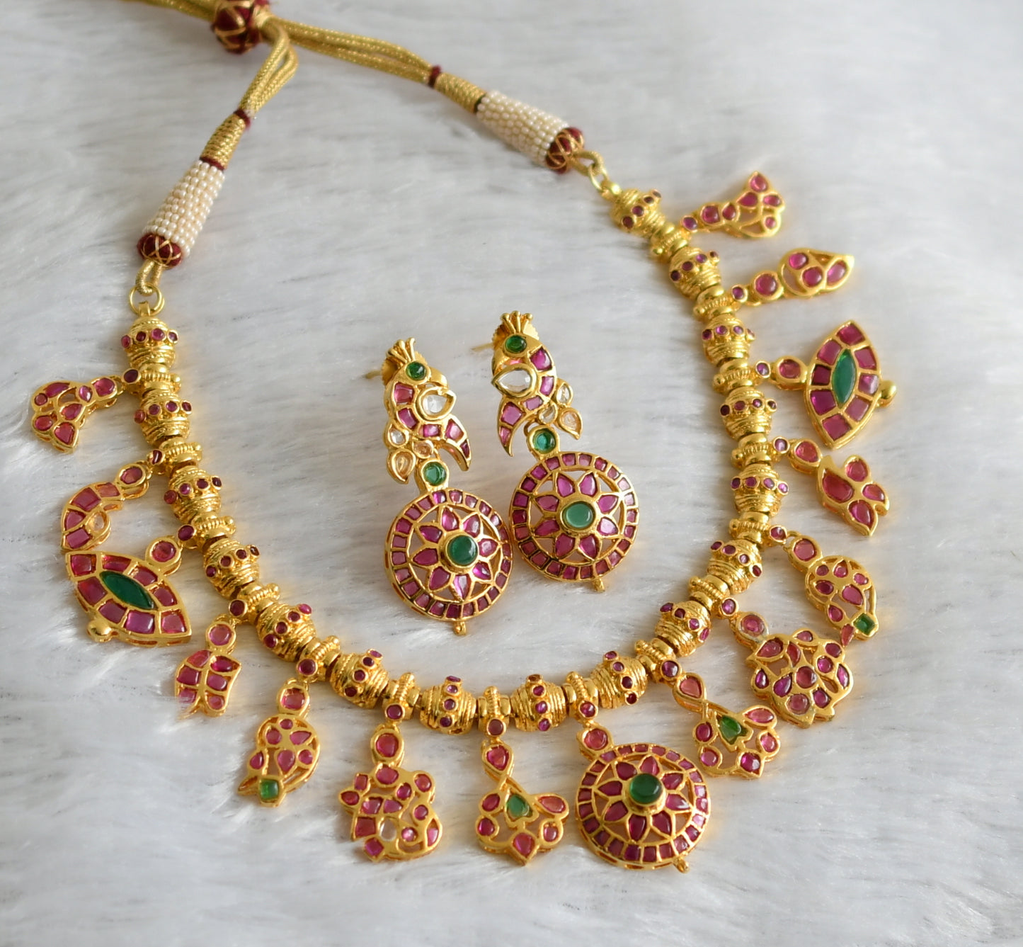 Gold tone pink-green-white real uncut polki necklace set dj-47530