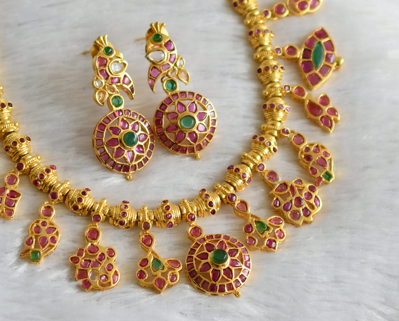 Gold tone pink-green-white real uncut polki necklace set dj-47530