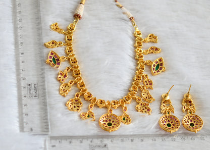 Gold tone pink-green-white real uncut polki necklace set dj-47530