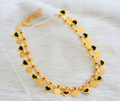 Gold tone kerala style pink-green palakka lakshmi coin necklace dj-44127