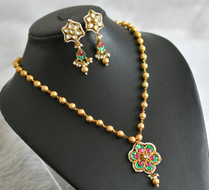 Gold tone pink-green pearl kundan jadau flower beaded necklace set dj-47532