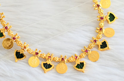 Gold tone kerala style pink-green palakka lakshmi coin necklace dj-44127