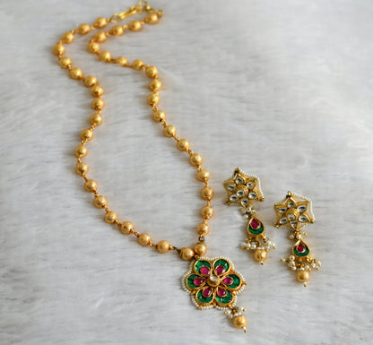 Gold tone pink-green pearl kundan jadau flower beaded necklace set dj-47532