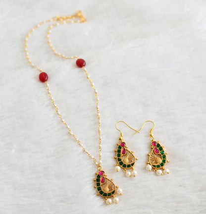 Gold tone 18 inches pearl chain with pink-green peacock kundan jadau pendant set dj-49377