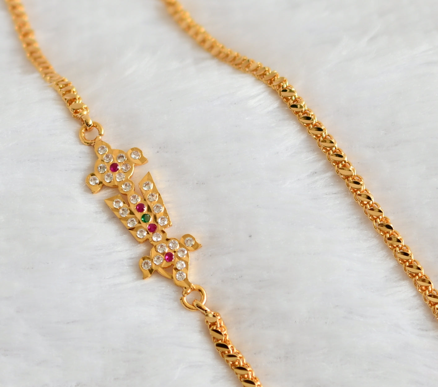 Gold tone ad pink-green-white shanku-chakra-nama 24 inches mugappu chain dj-49378