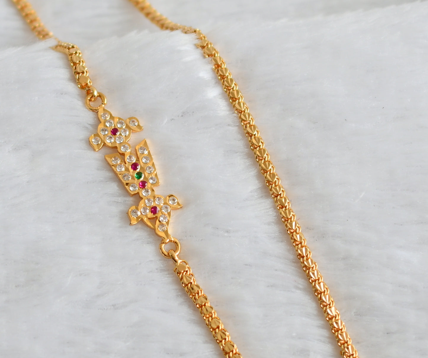 Gold tone ad pink-green-white shanku-chakra-nama 24 inches mugappu chain dj-49379