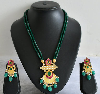 Gold tone green agate pink-green-white kundan jadau necklace set dj-47526