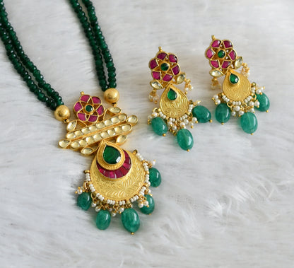 Gold tone green agate pink-green-white kundan jadau necklace set dj-47526