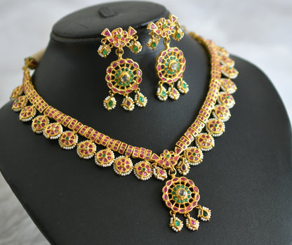 Gold tone pink-green-white real uncut polki round necklace set dj-47529