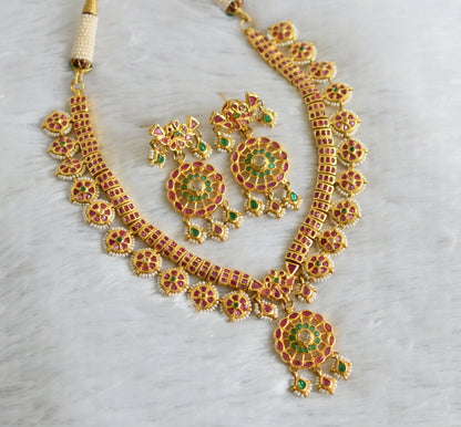 Gold tone pink-green-white real uncut polki round necklace set dj-47529