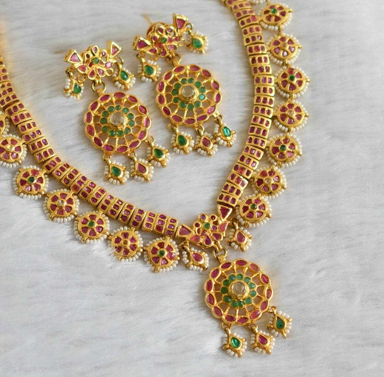 Gold tone pink-green-white real uncut polki round necklace set dj-47529