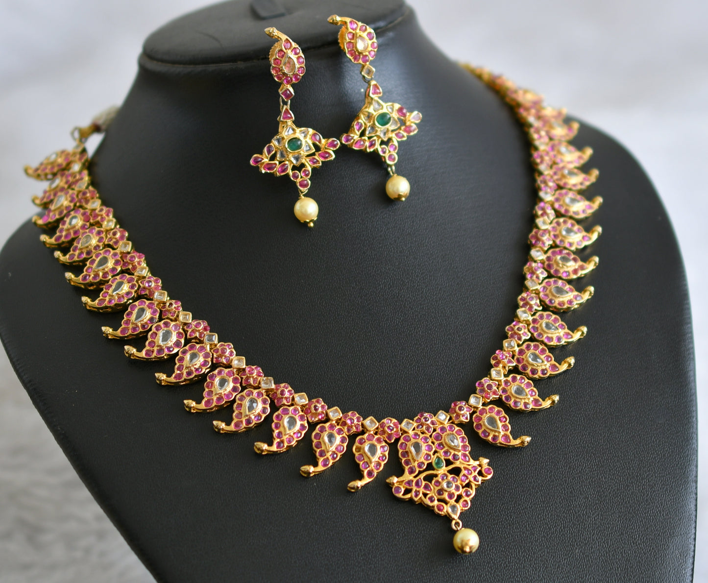 Gold tone pink-green-white real uncut polki mango necklace set dj-47528